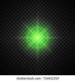 Vector green glowing lights on transparent background. Special effect light rays. Spark, star burst, flash. Spotlight flare. Illumination.