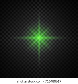 Vector green glowing lights on transparent background. Special effect light rays. Spark, star burst, flash. Spotlight flare. Illumination.