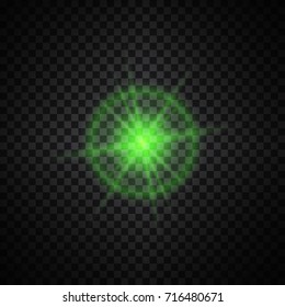Vector green glowing lights on transparent background. Special effect light rays. Spark, star burst, flash. Spotlight flare. Illumination.