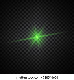 Vector green glowing lights on transparent background. Special effect light rays. Spark, star burst, flash. Spotlight flare. Illumination.