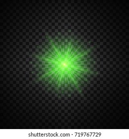 Vector green glowing lights on transparent background. Special effect light rays. Spark, star burst, flash. Spotlight flare. Illumination.