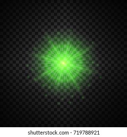 Vector green glowing lights on transparent background. Special effect light rays. Spark, star burst, flash. Spotlight flare. Illumination.