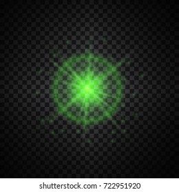 Vector green glowing lights on transparent background. Special effect light rays. Spark, star burst, flash. Spotlight flare. Illumination.