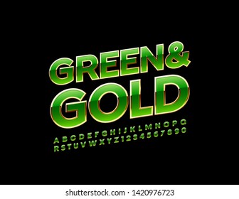 Vector Green and Gold Alphabet Letters and Numbers. Uppercase luxury Font