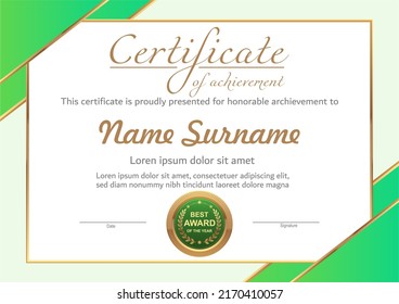 Plantilla de certificado verde vector y oro