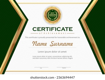 Plantilla de certificado verde vector y oro