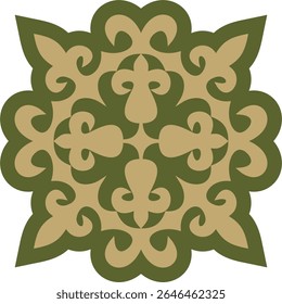 Vector green with gold Kazakh national ornament. Ethnic pattern of the peoples of the Great Steppe,