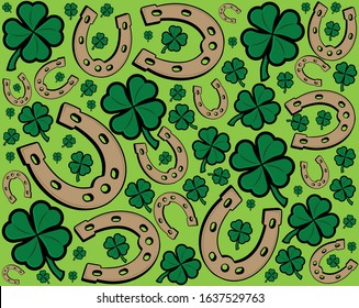 Vector green and gold multiple scattered lucky horseshoe and four leaf clover shamrock background for St Patrick's day in green easy to edit