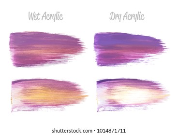 Vector green and gold paint smear stroke stain set. Abstract gold glittering textured art illustration. Gold Texture Paint Stain Illustration. Hand drawn brush strokes vector elements. Acrilyc strokes