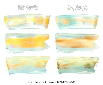 Vector green and gold paint smear stroke stain set. Abstract gold glittering textured art illustration. Gold Texture Paint Stain Illustration. Hand drawn brush strokes vector elements. Acrilyc strokes