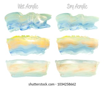 Vector green and gold paint smear stroke stain set. Abstract gold glittering textured art illustration. Gold Texture Paint Stain Illustration. Hand drawn brush strokes vector elements. Acrilyc strokes
