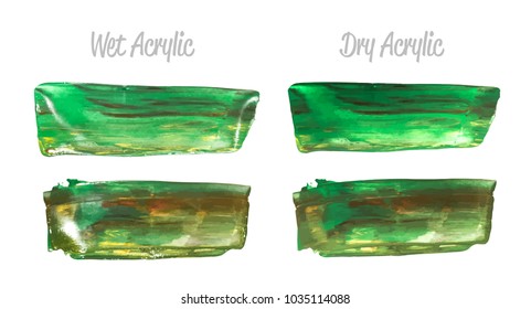 Vector green and gold paint smear stroke stain set. Abstract gold glittering textured art illustration. Gold Texture Paint Stain Illustration. Hand drawn brush strokes vector elements. Acrilyc strokes