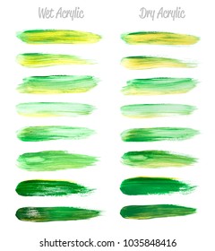 Vector green and gold paint smear stroke stain set. Abstract acrylic textured art illustration. Gold Texture Paint Stain Illustration. Hand drawn brush strokes vector elements. St. Patrick's Day.