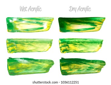 Vector green and gold paint smear stroke stain set. Abstract acrylic textured art illustration. Gold Texture Paint Stain Illustration. Hand drawn brush strokes vector elements. St. Patrick's Day.