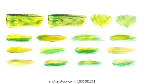 Vector green and gold paint smear stroke stain set. Abstract acrylic textured art illustration. Gold Texture Paint Stain Illustration. Hand drawn brush strokes vector elements. St. Patrick's Day.