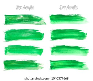 Vector green and gold paint smear stroke stain set. Abstract gold glittering textured art illustration. Gold Texture Paint Stain Illustration. Hand drawn brush strokes vector elements. Acrilyc strokes
