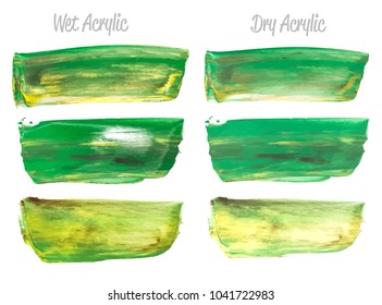 Vector green and gold paint smear stroke stain set. Abstract gold glittering textured art illustration. Gold Texture Paint Stain Illustration. Hand drawn brush strokes vector elements. Acrilyc strokes