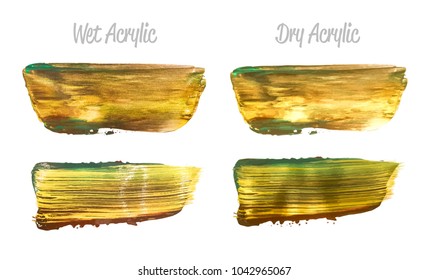 Vector green and gold paint smear stroke stain set. Abstract gold glittering textured art illustration. Gold Texture Paint Stain Illustration. Hand drawn brush strokes vector elements. Acrilyc strokes