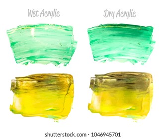Vector green and gold paint smear stroke stain set. Abstract acrylic textured art illustration. Gold Texture Paint Stain Illustration. Hand drawn brush strokes vector elements. St. Patrick's Day.