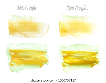 Vector green and gold paint smear stroke stain set. Abstract gold glittering textured art illustration. Gold Texture Paint Stain Illustration. Hand drawn brush strokes vector elements. Acrilyc strokes