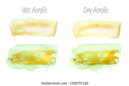 Vector green and gold paint smear stroke stain set. Abstract gold glittering textured art illustration. Gold Texture Paint Stain Illustration. Hand drawn brush strokes vector elements. Acrilyc strokes