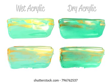 Vector green and gold paint smear stroke stain set. Abstract gold glittering textured art illustration. Gold Texture Paint Stain Illustration. Hand drawn brush strokes vector elements. Acrilyc strokes