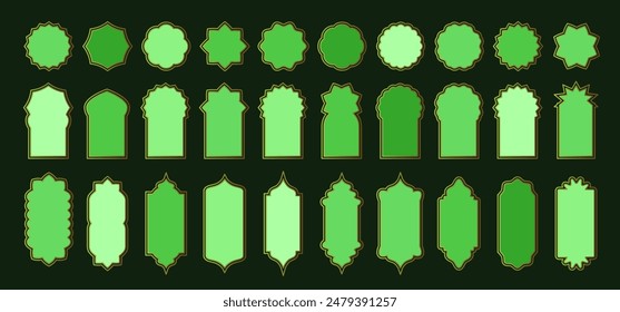 Vector green gold Ramadan Kareem mosque gates, doors, windows kit. Oriental style Turkish Islamic luxury arches, labels, textboxes. Saudi Arabia simple shape frames. Muslim Indian architecture icons