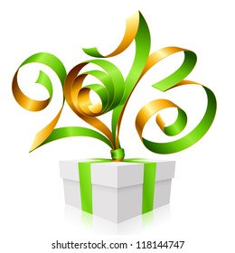 Vector green and gold ribbon in the shape of 2013 and gift box. Symbol of New Year