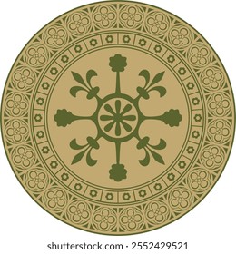 Vetor verde com ornamento gótico redondo dourado. Círculo europeu medieval, anel, fronteira. Padrão clássico dos alemães, anglos, saxões, francos.
