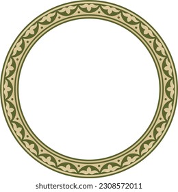 Vector green and gold round Kazakh national ornament. Ethnic pattern of the peoples of the Great Steppe, 
Mongols, Kyrgyz, Kalmyks, Buryats. circle, frame border.