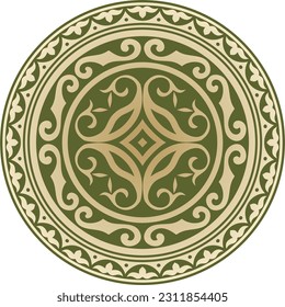 Vector green and gold round Kazakh national ornament. Ethnic pattern of the peoples of the Great Steppe, 
Mongols, Kyrgyz, Kalmyks, Buryats. circle, frame border.