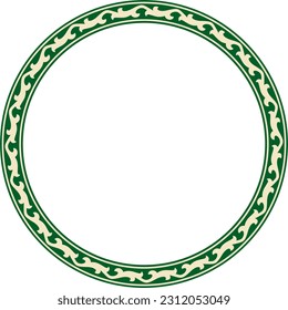 Vector green and gold round Kazakh national ornament. Ethnic pattern of the peoples of the Great Steppe, Mongols, Kyrgyz, Kalmyks, Buryats. circle, frame border.
