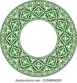 Vector green and gold round Kazakh national ornament. Ethnic pattern of the peoples of the Great Steppe, Mongols, Kyrgyz, Kalmyks, Buryats. circle, frame border.
