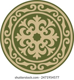 Vector green and gold round Kazakh national ornament. Ethnic pattern of the peoples of the Great Steppe, 
Mongols, Kyrgyz, Kalmyks, Buryats. circle, frame border.