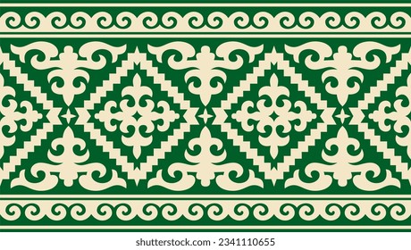 Vector green and gold seamless Kazakh national ornament. Ethnic endless pattern of the peoples of the Great Steppe, 
Mongols, Kyrgyz, Kalmyks, Buryats. circle, frame border.