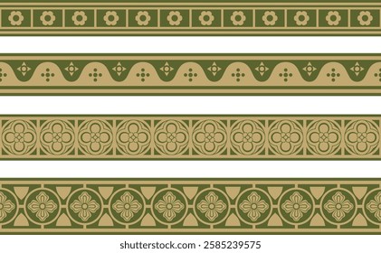 Vector green and gold set of gothic borders. Medieval European ornament. Classic pattern of the Germans, Angles, Saxons, Franks.
