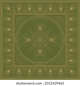 Vector green and gold square classical ornament of Ancient Greece and Roman Empire. Tile, Arabesque, Byzantine pattern