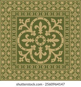 Vector green with gold square gothic ornament. Medieval European rectangle, border. Classic pattern of the Germans, Angles, Saxons, Franks.
