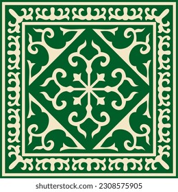 Vector green with gold Square Kazakh national ornament. Ethnic pattern of the peoples of the Great Steppe, Mongols, Kyrgyz, Kalmyks, Buryats.
