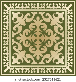 Vector green with gold Square Kazakh national ornament. Ethnic pattern of the peoples of the Great Steppe, 
Mongols, Kyrgyz, Kalmyks, Buryats.