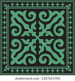 Vector green with gold Square Kazakh national ornament. Ethnic pattern of the peoples of the Great Steppe, 
Mongols, Kyrgyz, Kalmyks, Buryats.