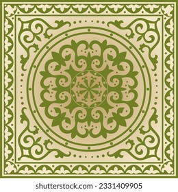 Vector green with gold Square Kazakh national ornament. Ethnic pattern of the peoples of the Great Steppe, 
Mongols, Kyrgyz, Kalmyks, Buryats.