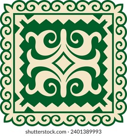 Vector green with gold Square Kazakh national ornament. Ethnic pattern of the peoples of the Great Steppe, Mongols, Kyrgyz, Kalmyks, Buryats.
