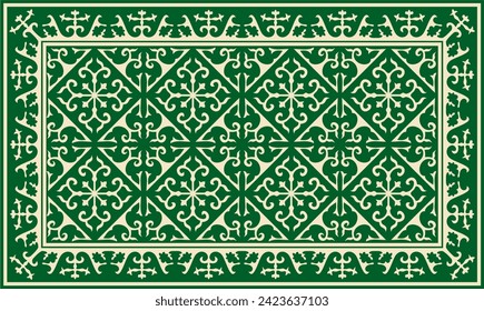 Vector green with gold Square Kazakh national ornament. Ethnic pattern of the peoples of the Great Steppe, Mongols, Kyrgyz, Kalmyks, Buryats.
