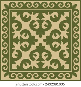 Vector green with gold Square Kazakh national ornament. Ethnic pattern of the peoples of the Great Steppe, 
Mongols, Kyrgyz, Kalmyks, Buryats.