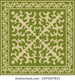 Vector green with gold Square Kazakh national ornament. Ethnic pattern of the peoples of the Great Steppe, 
Mongols, Kyrgyz, Kalmyks, Buryats.