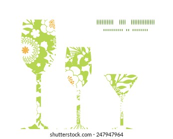 Vector green and golden garden silhouettes three wine glasses silhouettes pattern frame