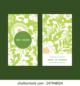 Vector green and golden garden silhouettes vertical round frame pattern business cards set
