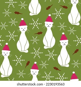 Vector verde en buen estado de ánimo sin fisuras. Gatos blancos con una sonrisa dulce sentados tranquilamente entre copos de nieve y ratones al curry. Parte de la colección de Navidad de los gatos.