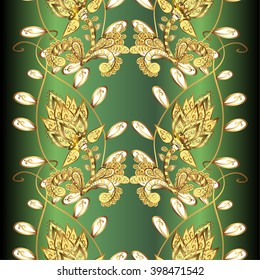 vector green gradient abstract golden doodles floral patter, dark blue background